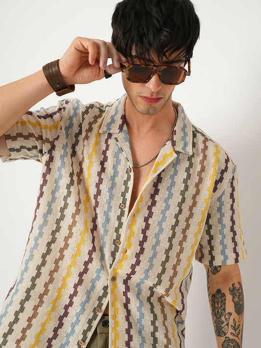 Multicolour Asymmetric Striped Oversized Crochet Shirt