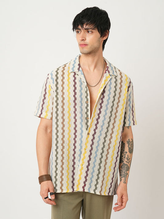 Multicolour Asymmetric Striped Oversized Crochet Shirt