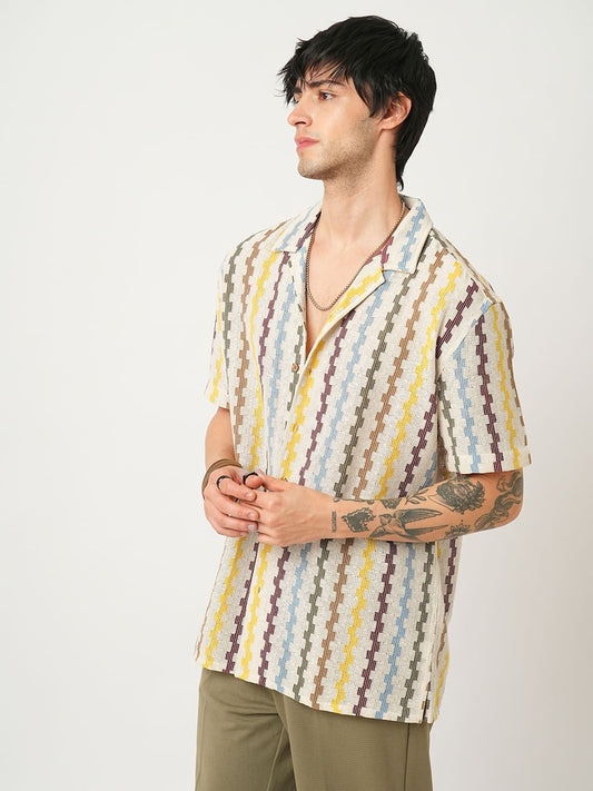 Multicolour Asymmetric Striped Oversized Crochet Shirt