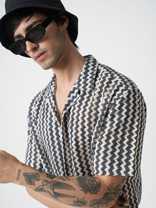 Navy & White Zig-Zag Oversized Crochet Shirt