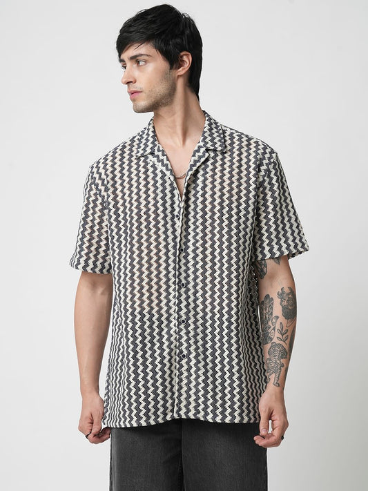 Navy & White Zig-Zag Oversized Crochet Shirt