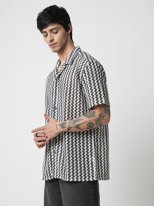 Navy & White Zig-Zag Oversized Crochet Shirt