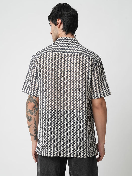 Navy & White Zig-Zag Oversized Crochet Shirt