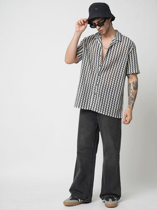 Navy & White Zig-Zag Oversized Crochet Shirt