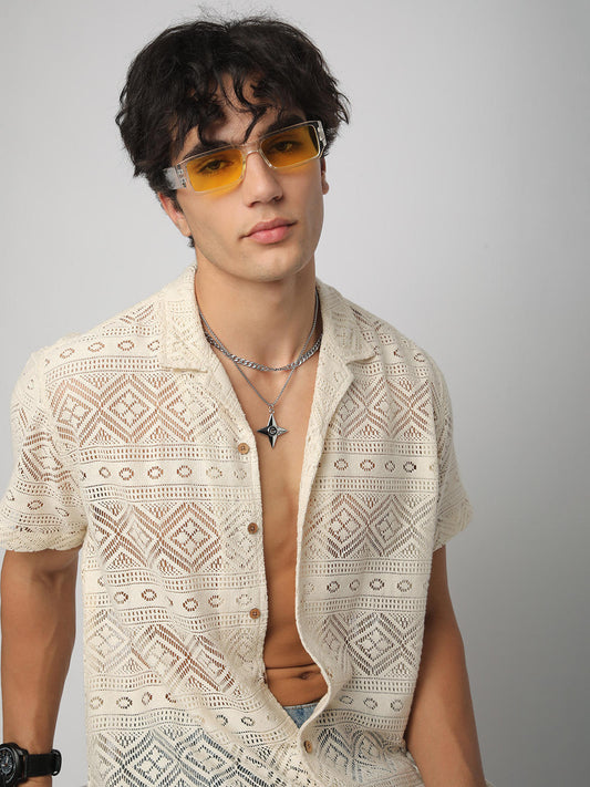 Finesse Ivory Breezy Mesh Crochet Oversized Shirt