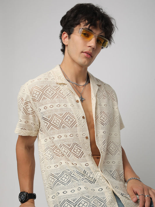Finesse Ivory Breezy Mesh Crochet Oversized Shirt