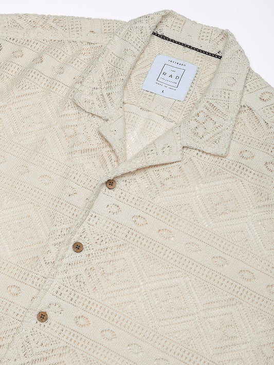 Finesse Ivory Breezy Mesh Crochet Oversized Shirt