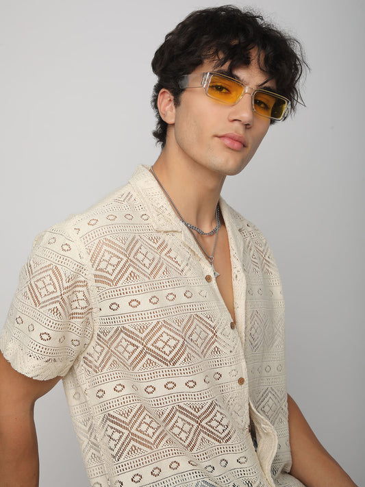 Finesse Ivory Breezy Mesh Crochet Oversized Shirt