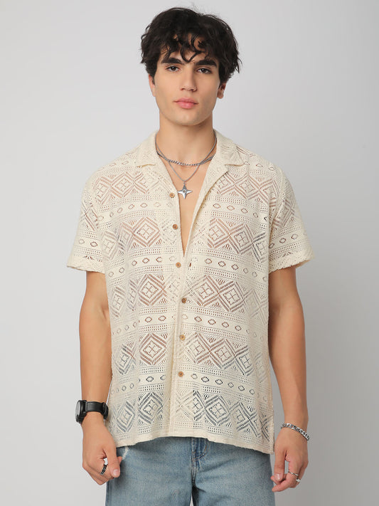 Finesse Ivory Breezy Mesh Crochet Oversized Shirt