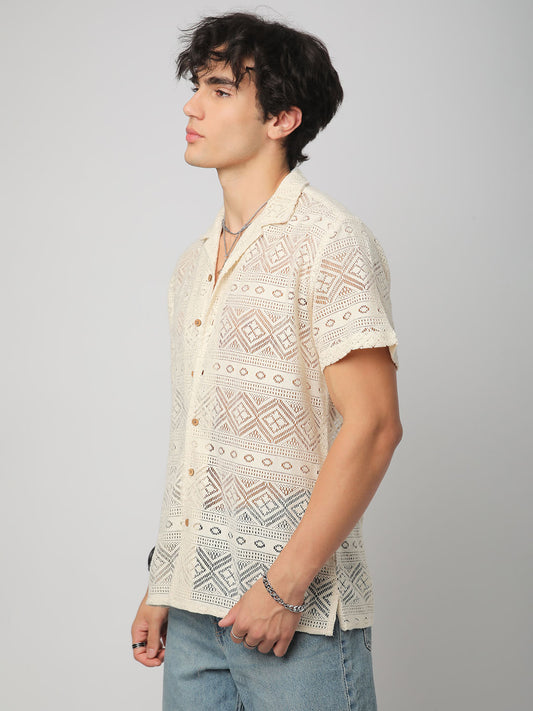 Finesse Ivory Breezy Mesh Crochet Oversized Shirt