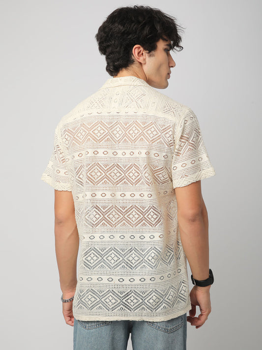 Finesse Ivory Breezy Mesh Crochet Oversized Shirt