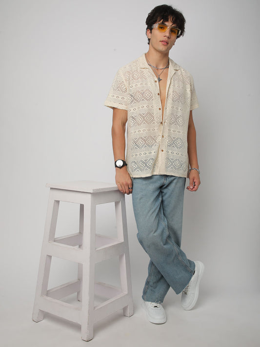 Finesse Ivory Breezy Mesh Crochet Oversized Shirt