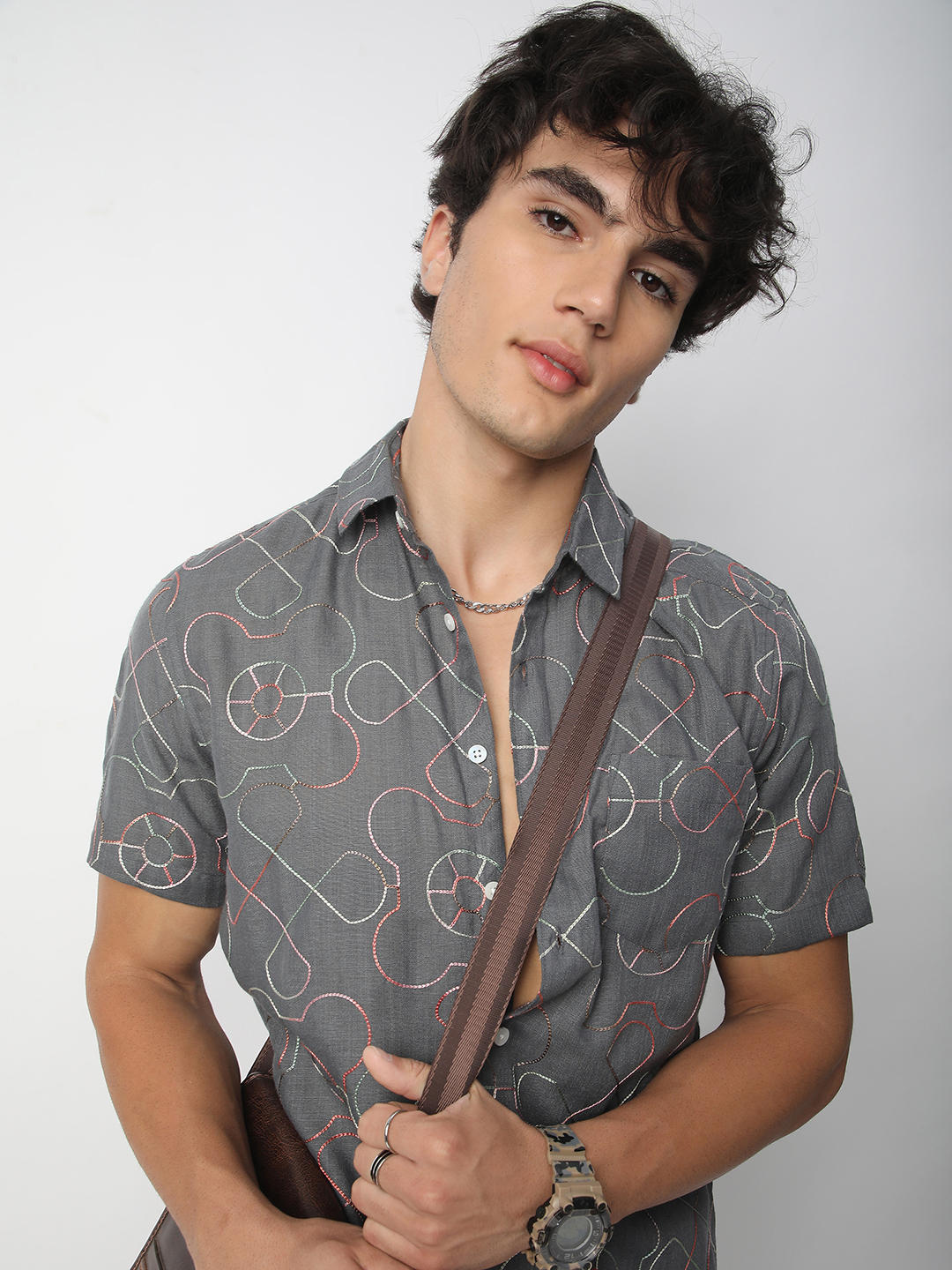 Intricate Smoky Grey Contrast Embroidered Shirt