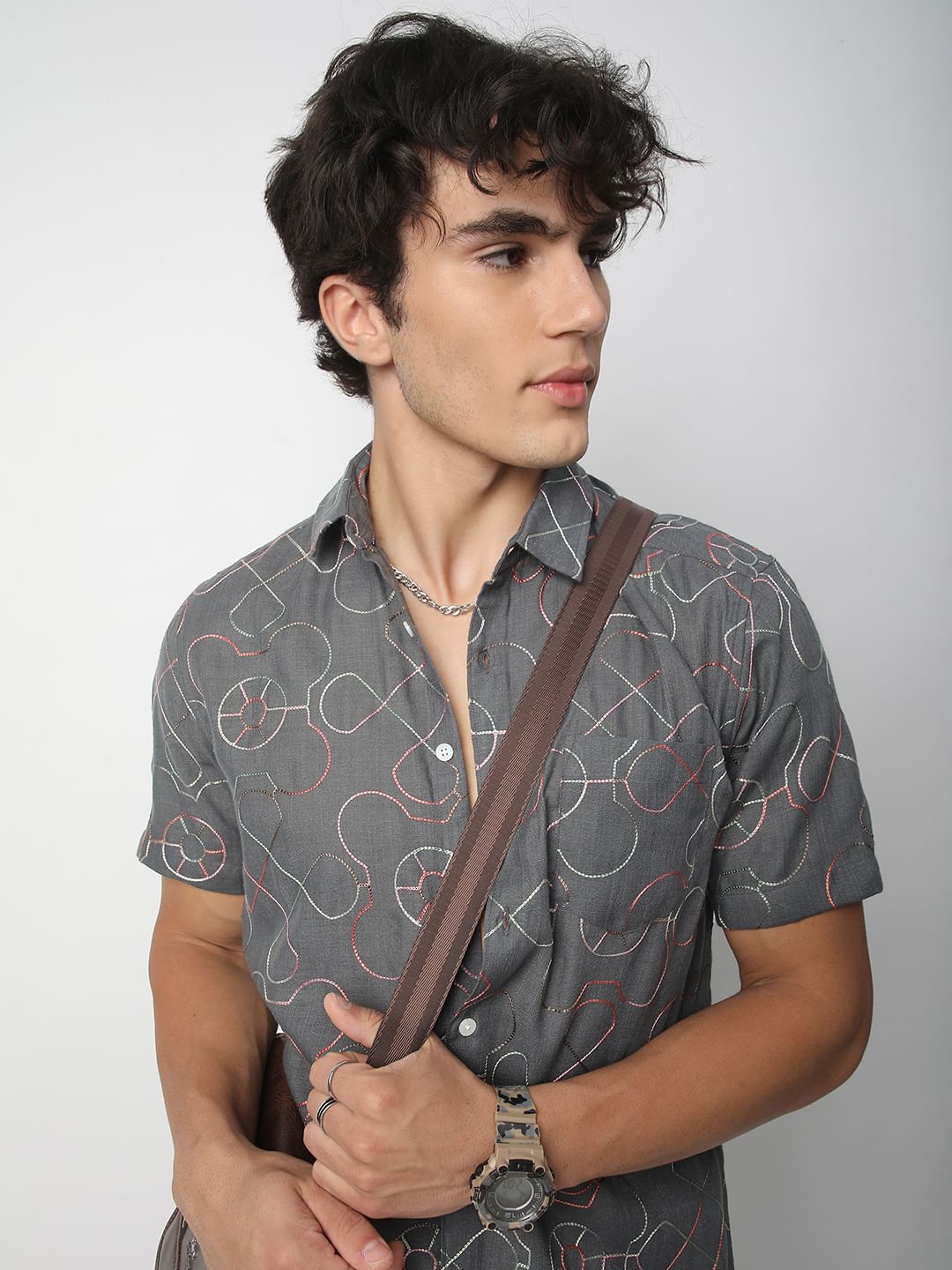 Intricate Smoky Grey Contrast Embroidered Shirt