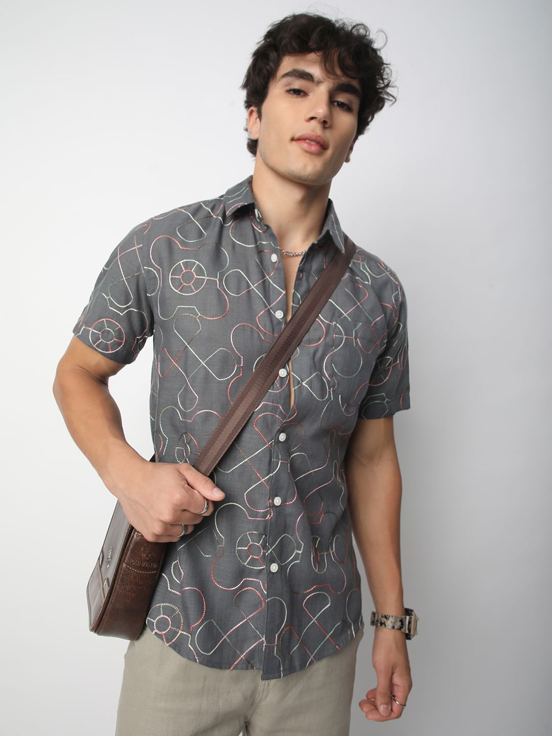 Intricate Smoky Grey Contrast Embroidered Shirt