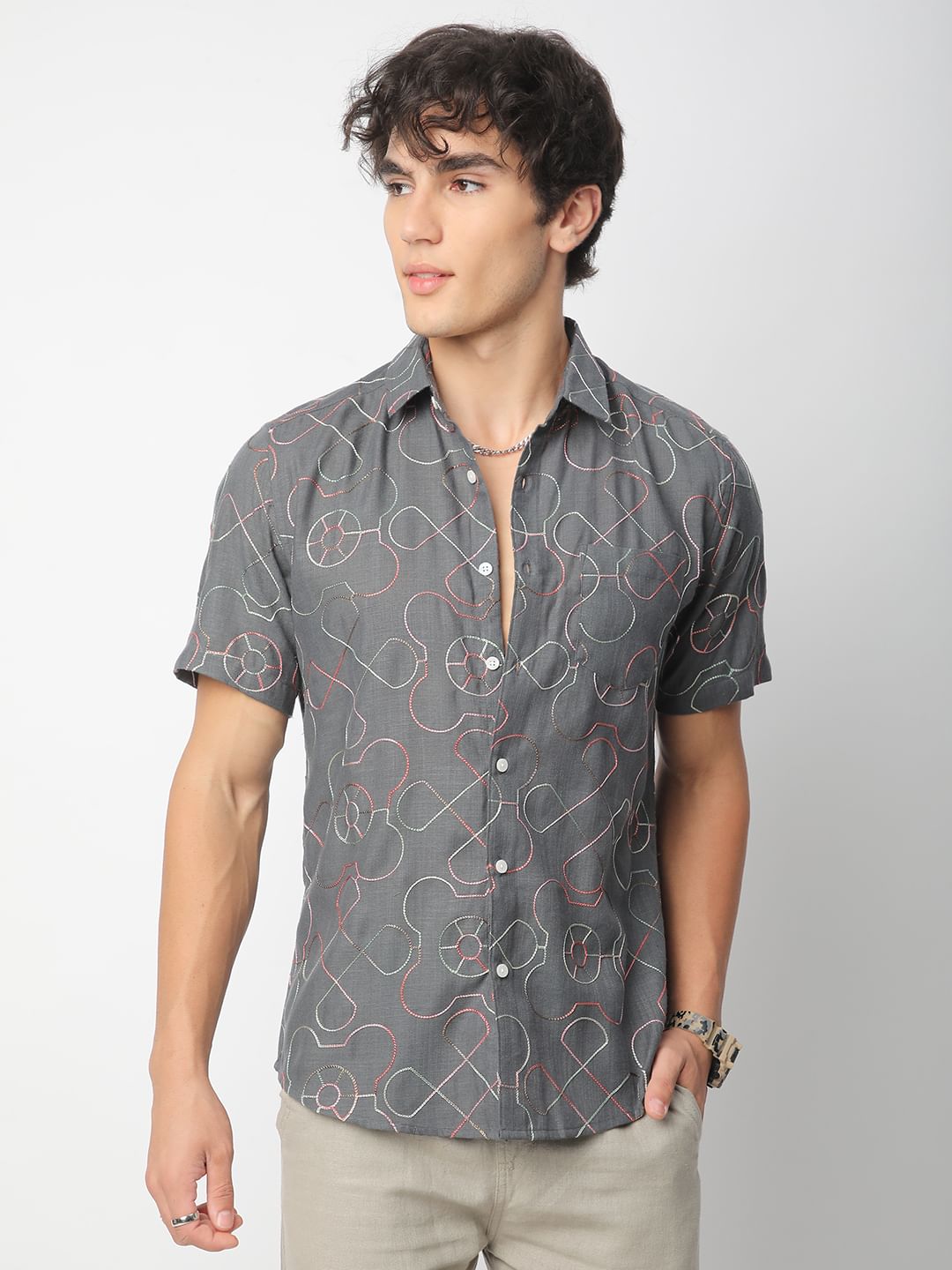 Intricate Smoky Grey Contrast Embroidered Shirt