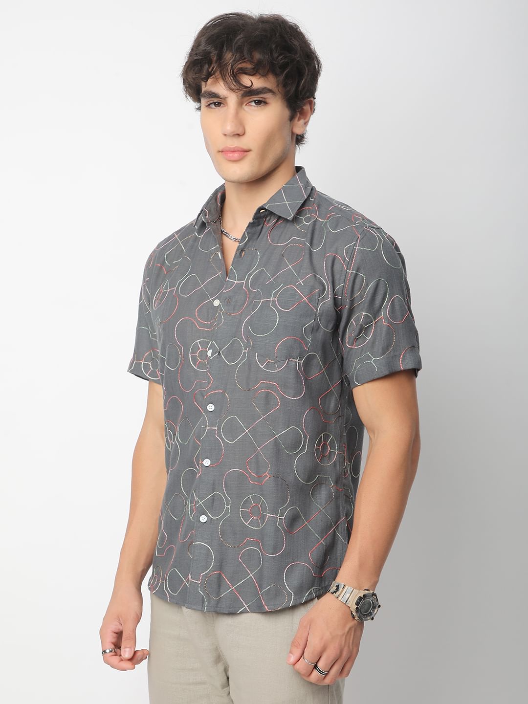 Intricate Smoky Grey Contrast Embroidered Shirt