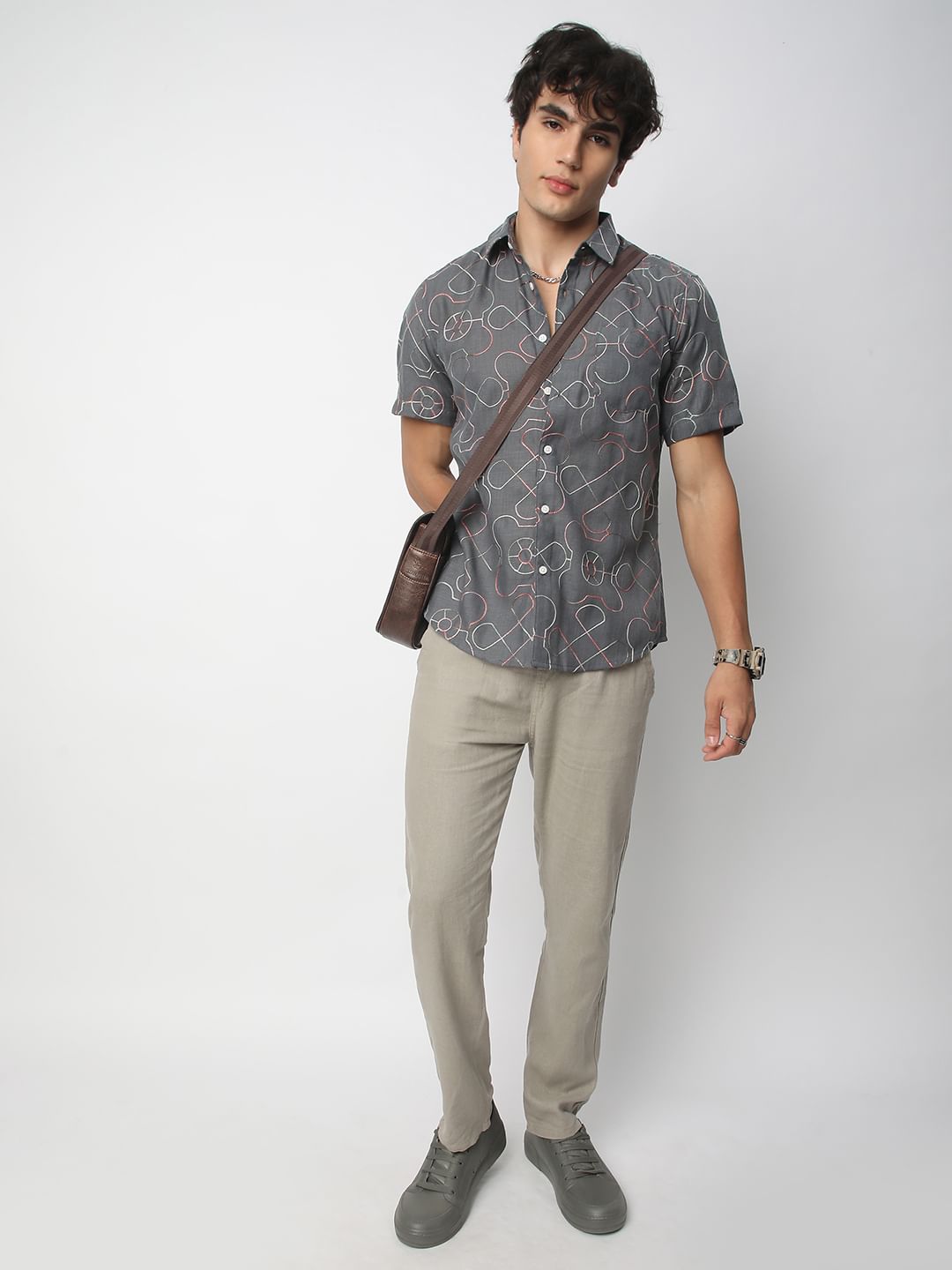 Intricate Smoky Grey Contrast Embroidered Shirt