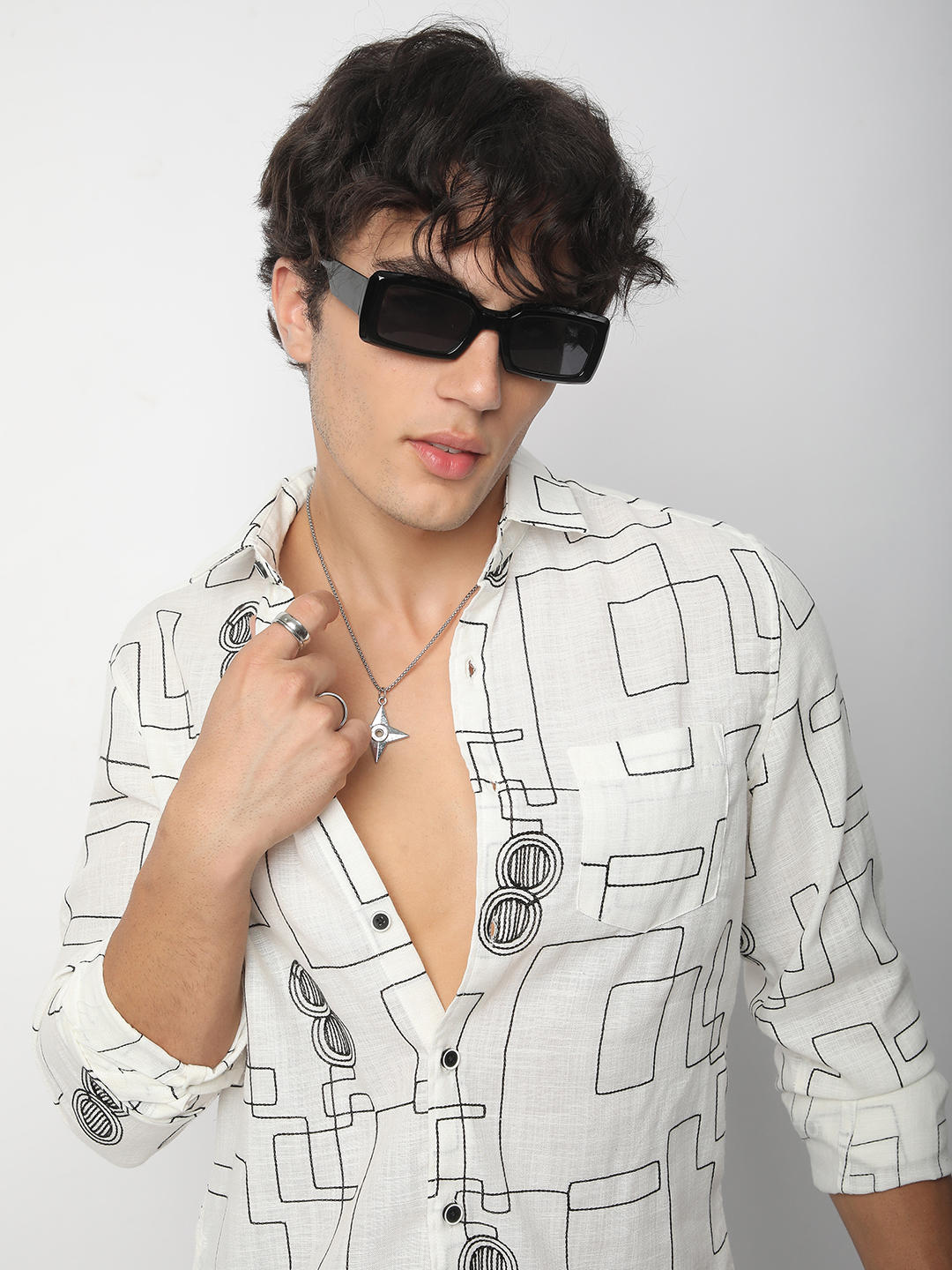 Intricate White Contrast Maze Embroidered Shirt