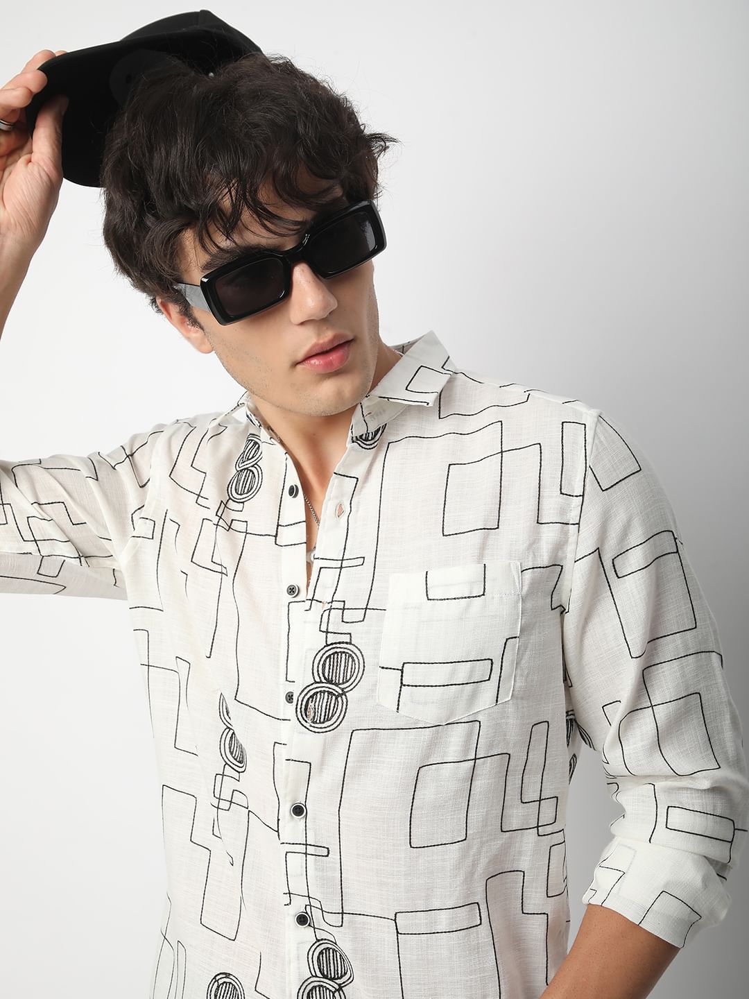 Intricate White Contrast Maze Embroidered Shirt