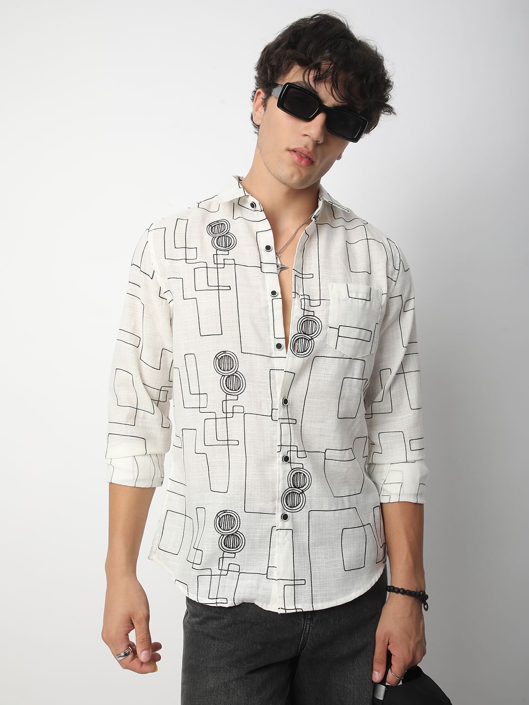 Intricate White Contrast Maze Embroidered Shirt
