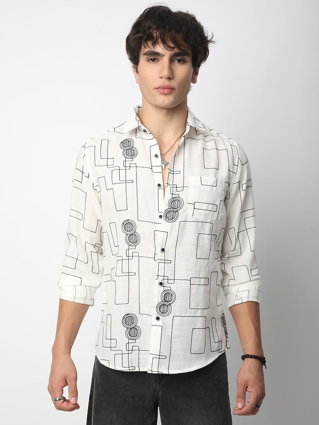 Intricate White Contrast Maze Embroidered Shirt