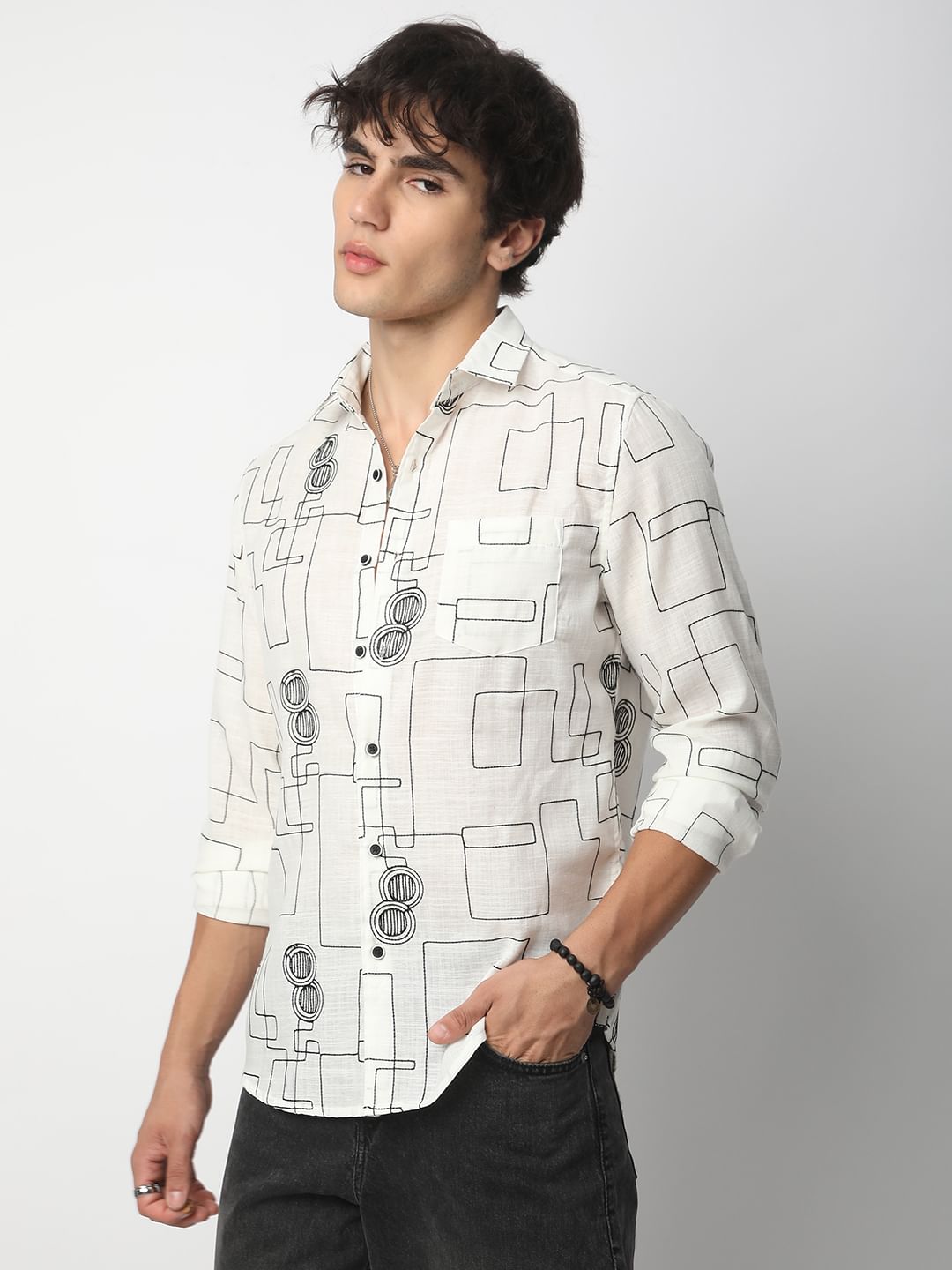 Intricate White Contrast Maze Embroidered Shirt