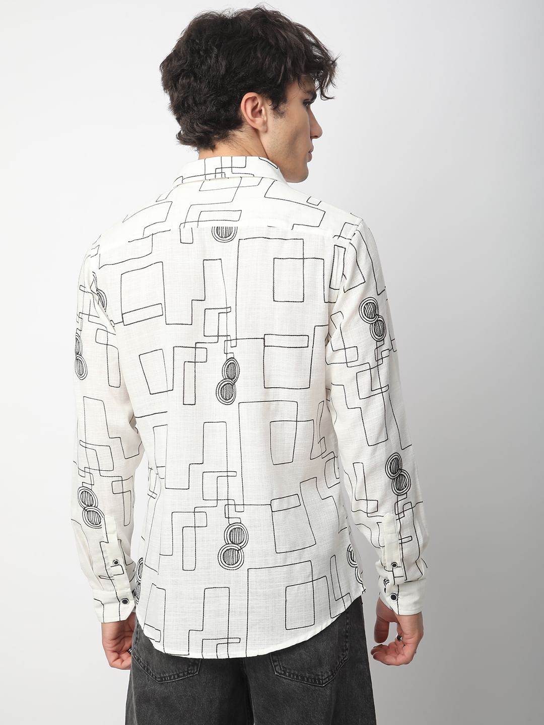 Intricate White Contrast Maze Embroidered Shirt