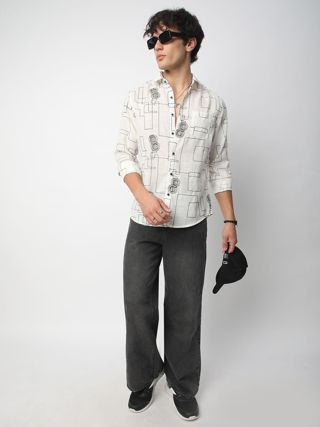 Intricate White Contrast Maze Embroidered Shirt