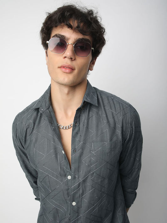 Pebble Grey Trigon Embroidered Shirt