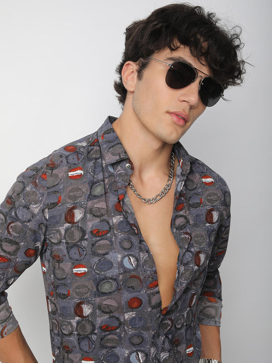 Voguish Circular Abstract Printed Grey Shirt