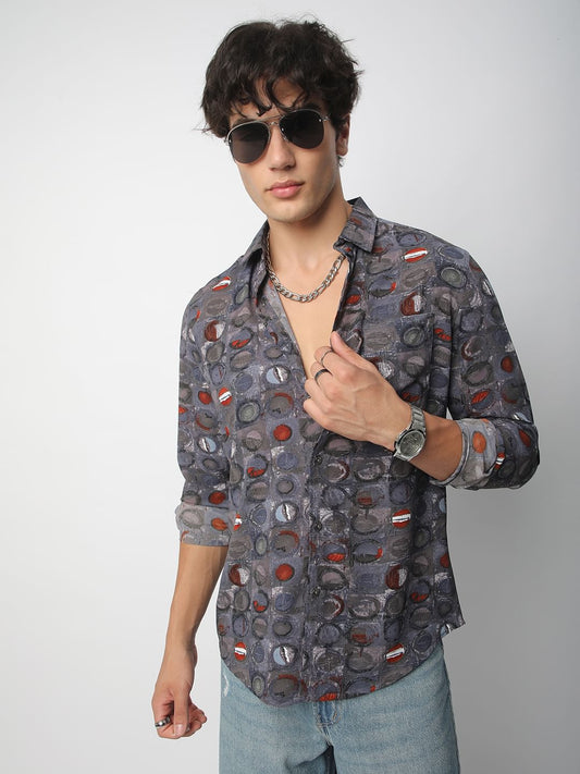 Voguish Circular Abstract Printed Grey Shirt
