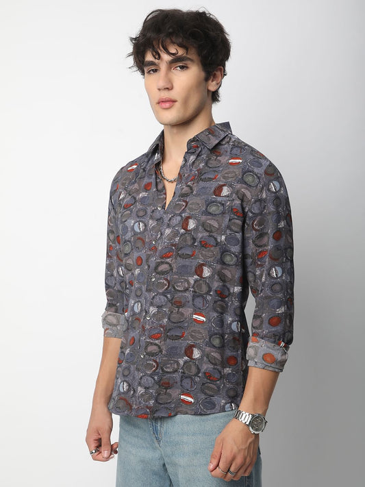 Voguish Circular Abstract Printed Grey Shirt