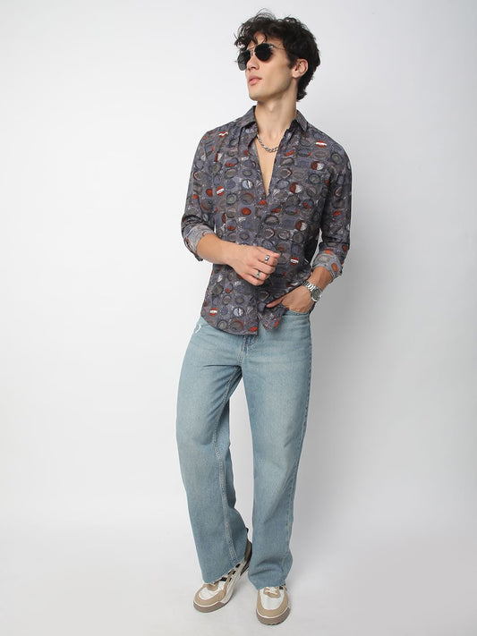 Voguish Circular Abstract Printed Grey Shirt