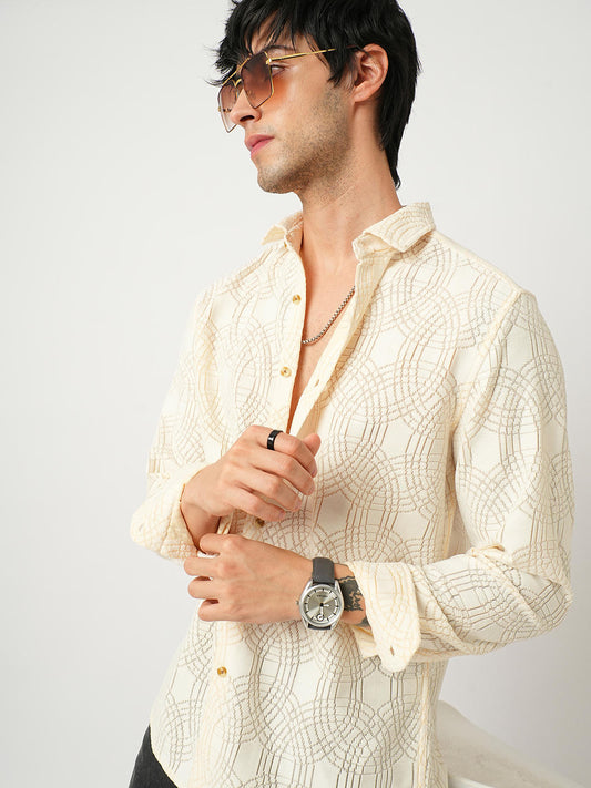 Interweave Geometric Textured Ivory Crochet Shirt