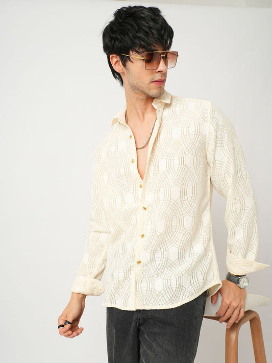 Interweave Geometric Textured Ivory Crochet Shirt