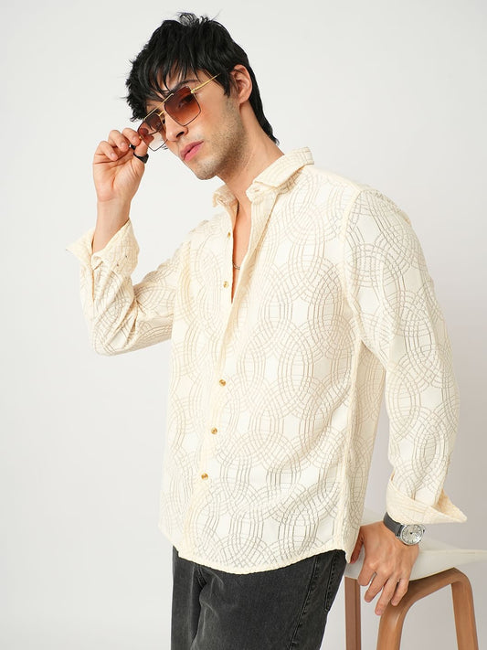 Interweave Geometric Textured Ivory Crochet Shirt