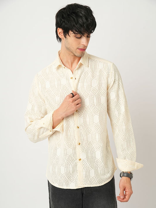 Interweave Geometric Textured Ivory Crochet Shirt