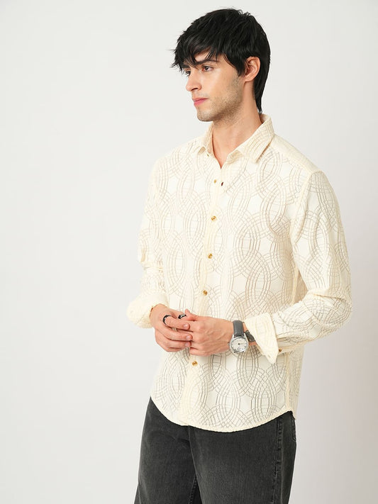 Interweave Geometric Textured Ivory Crochet Shirt