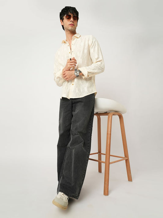 Interweave Geometric Textured Ivory Crochet Shirt