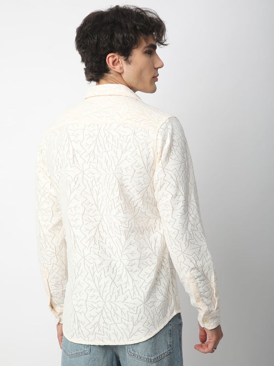 Interweave Ivory Leaf Textured Crochet Shirt