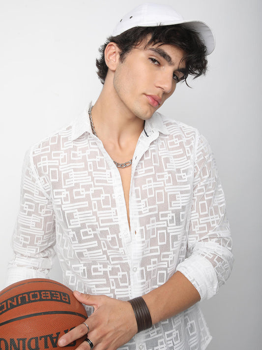 Breezy White Maze Textured Mesh Shirt