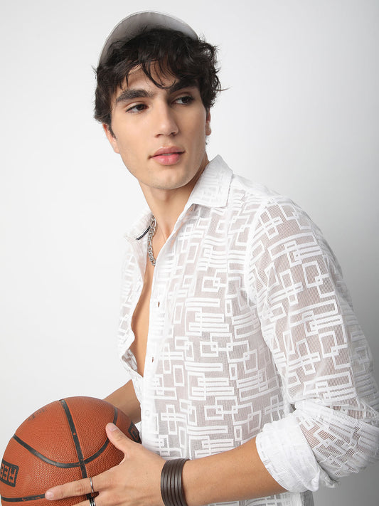 Breezy White Maze Textured Mesh Shirt