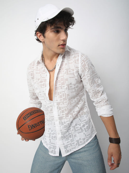 Breezy White Maze Textured Mesh Shirt