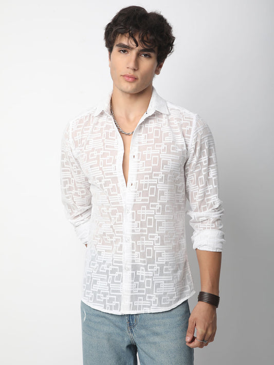Breezy White Maze Textured Mesh Shirt
