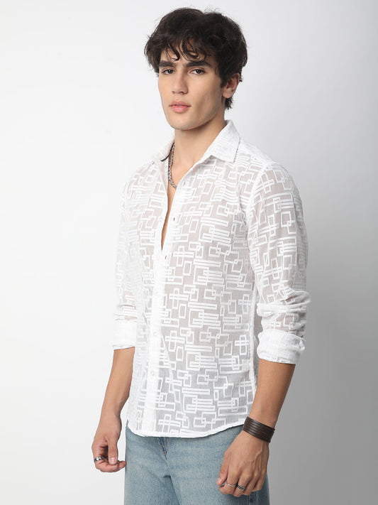 Breezy White Maze Textured Mesh Shirt