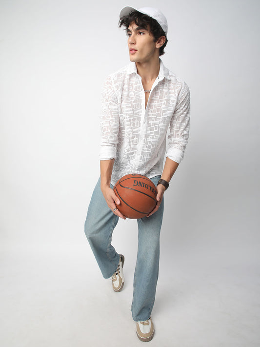 Breezy White Maze Textured Mesh Shirt