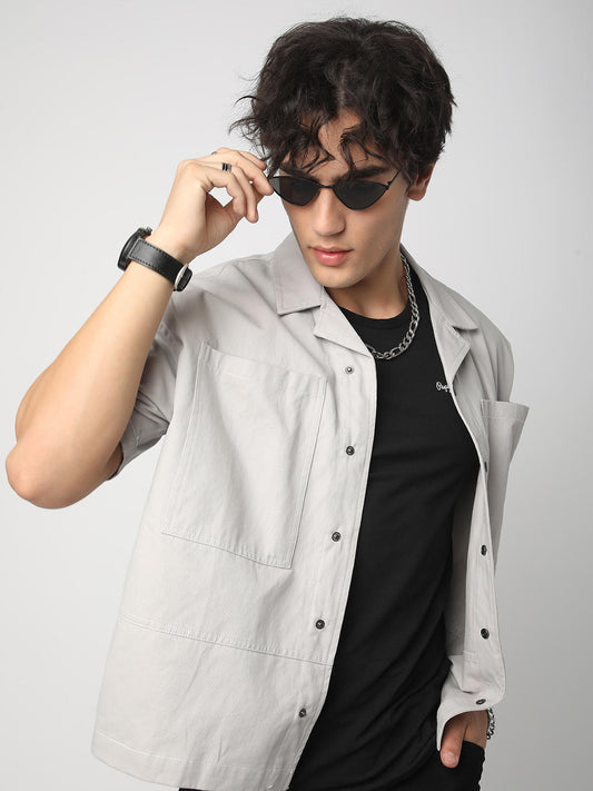 Grey Double Pocket Oversized Cropped Shirt