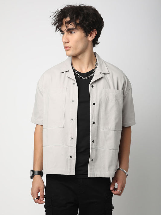 Grey Double Pocket Oversized Cropped Shirt