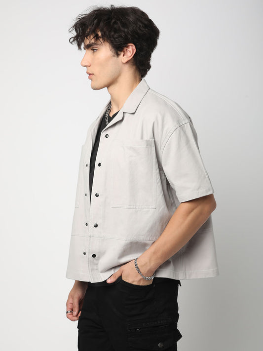 Grey Double Pocket Oversized Cropped Shirt